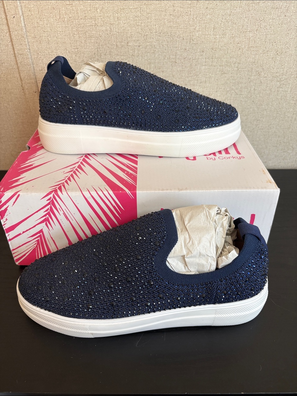 Hey Girl by Corkys Swank Navy Crystal Slip On Sneakers 9 NWT Embellished Sparkly